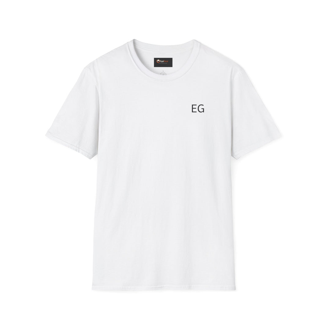 Unisex softstyle t-shirt in white color featuring a simple center logo for casual comfort and style.