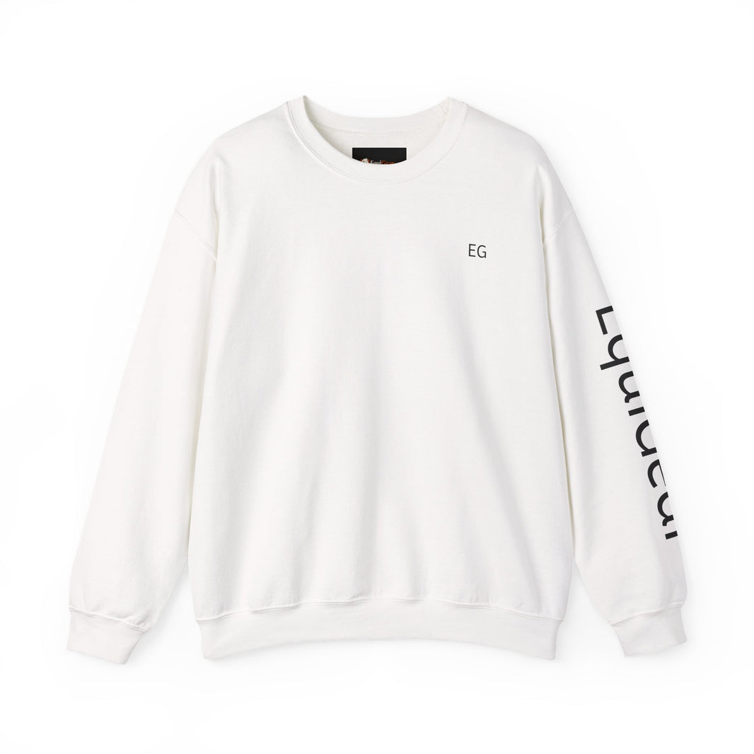Unisex heavy blend crewneck sweatshirt in white featuring EG logo and text design on sleeve.