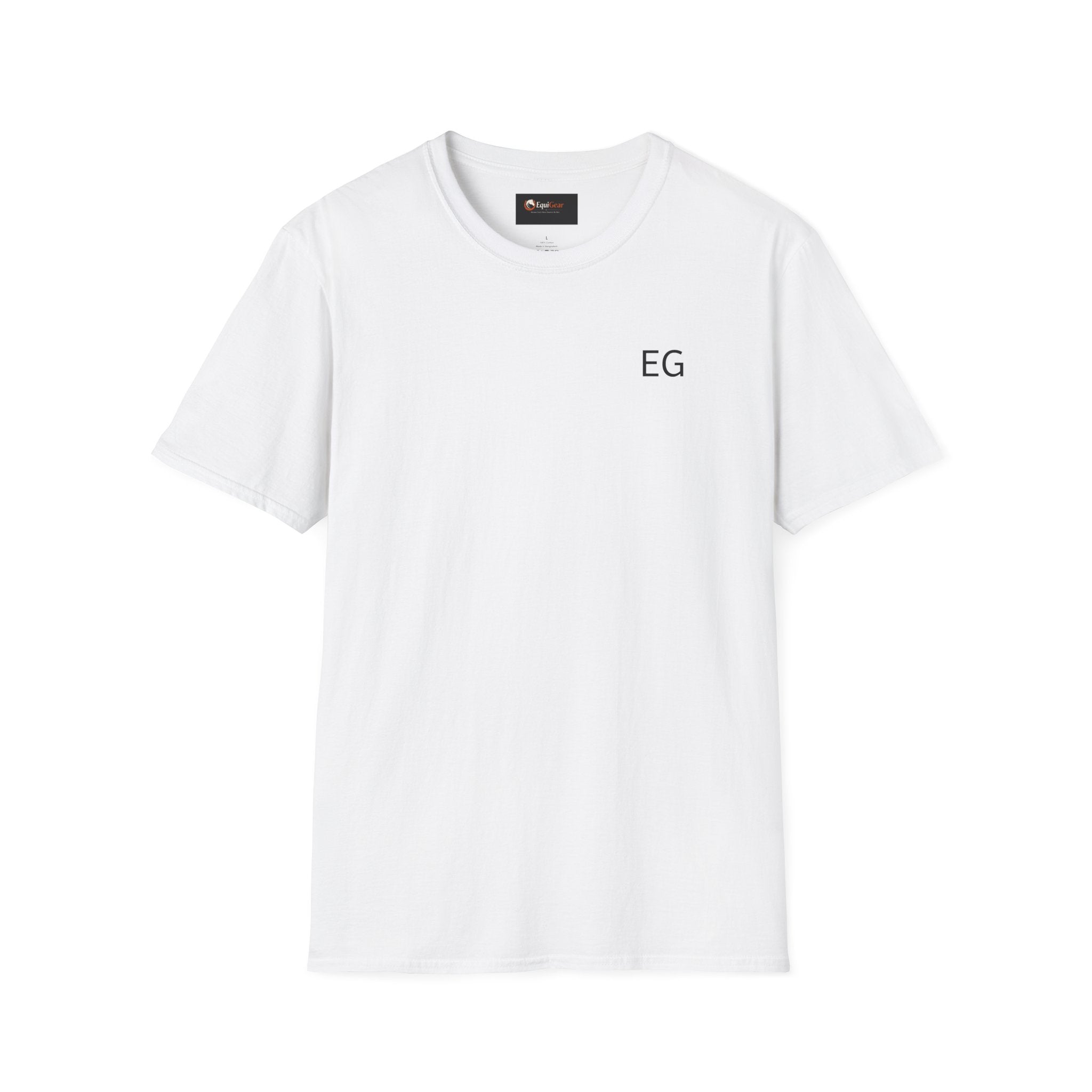 Unisex softstyle t-shirt in white color featuring a simple center logo for casual comfort and style.