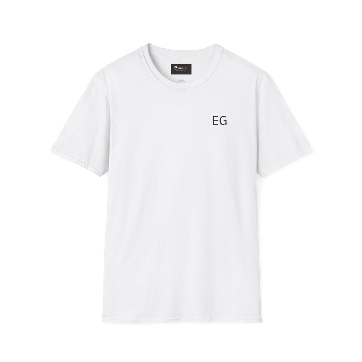 Unisex softstyle t-shirt in white color featuring a simple center logo for casual comfort and style.