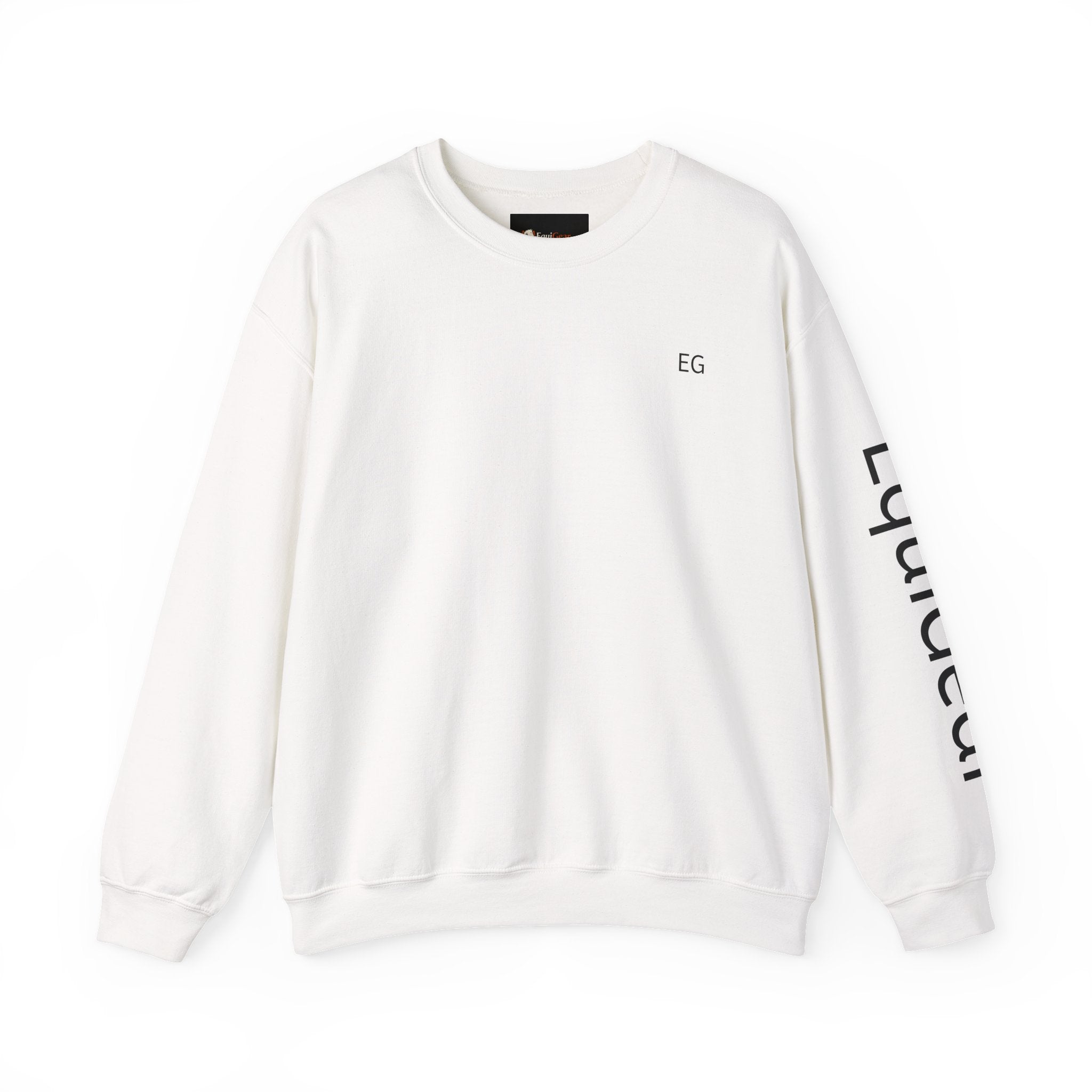 Unisex heavy blend crewneck sweatshirt in white featuring EG logo and text design on sleeve.