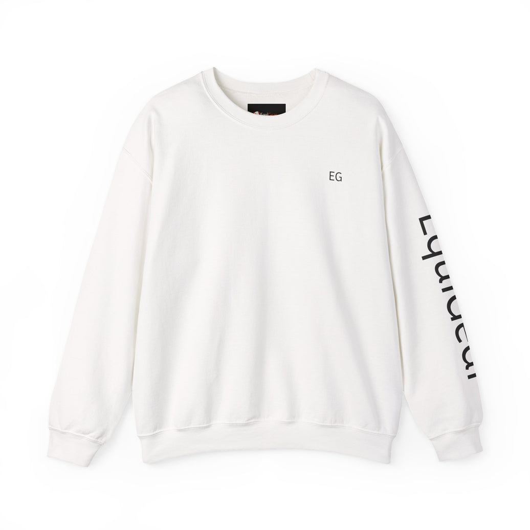 Unisex heavy blend crewneck sweatshirt in white featuring EG logo and text design on sleeve.