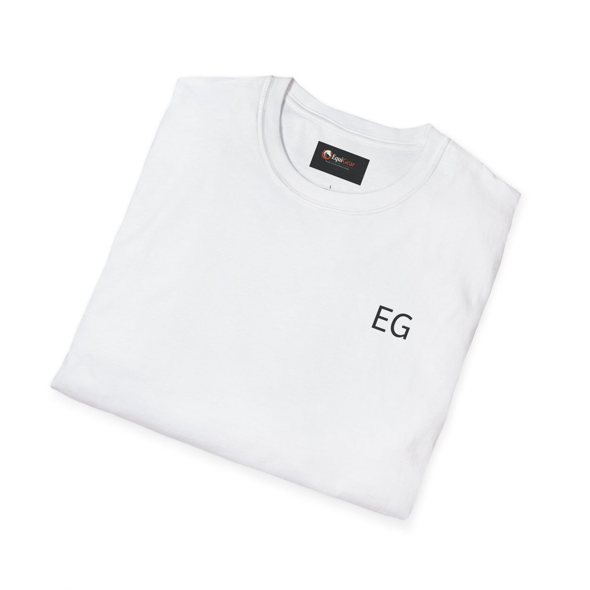 Unisex Softstyle T-Shirt folded in white with EG logo on chest, showcasing soft fabric and modern design.