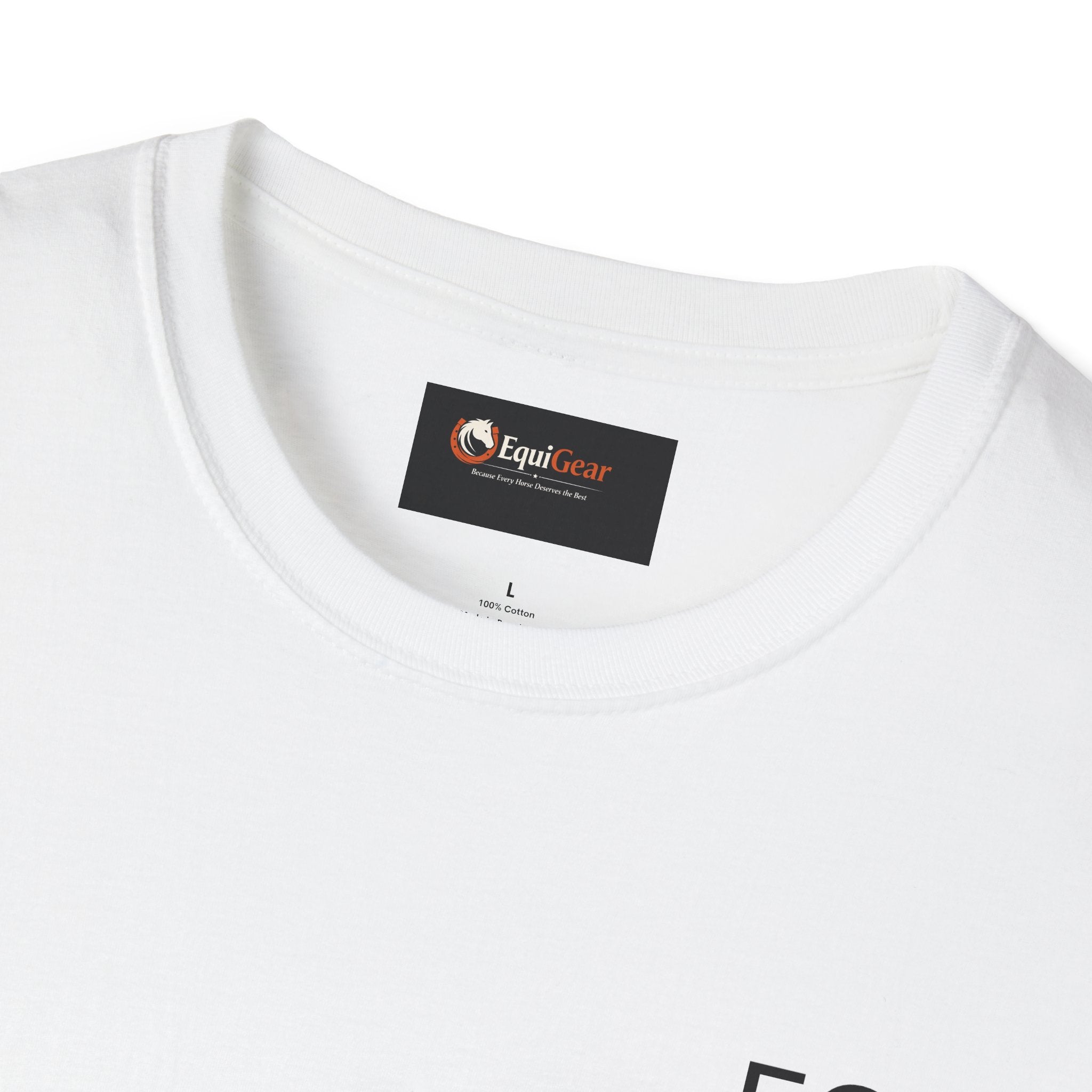Unisex Softstyle T-Shirt with EquiGear label, showing 100% cotton composition and comfortable neckline.