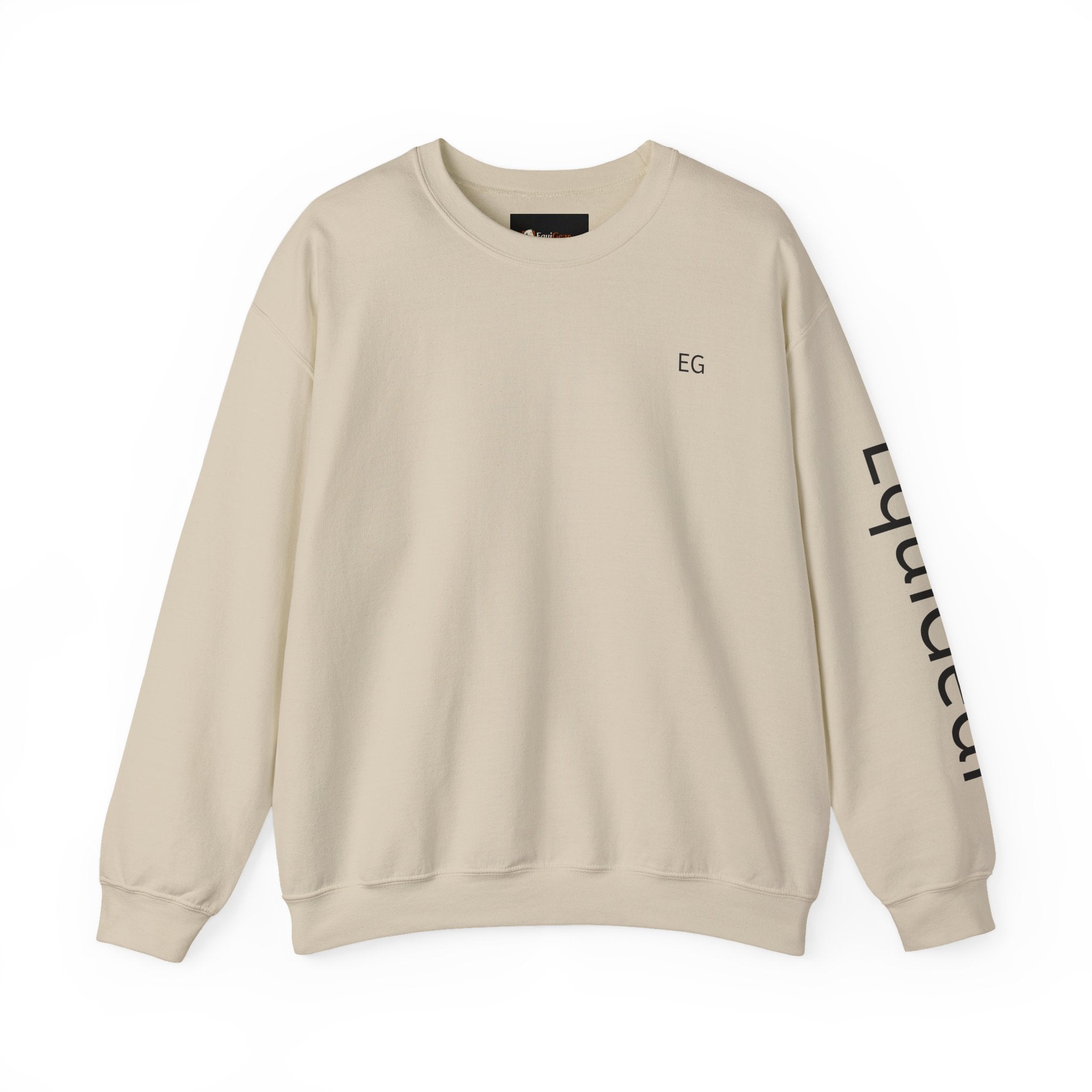 Unisex heavy blend crewneck sweatshirt in sand color with ribbed-knit collar and sleeve print.
