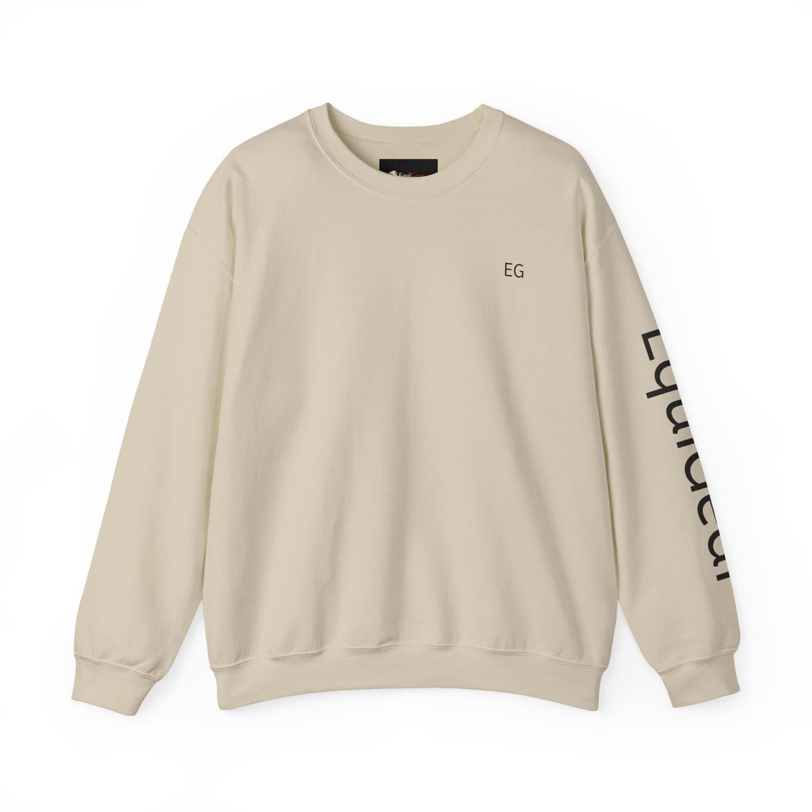 Unisex heavy blend crewneck sweatshirt in sand color with ribbed-knit collar and sleeve print.