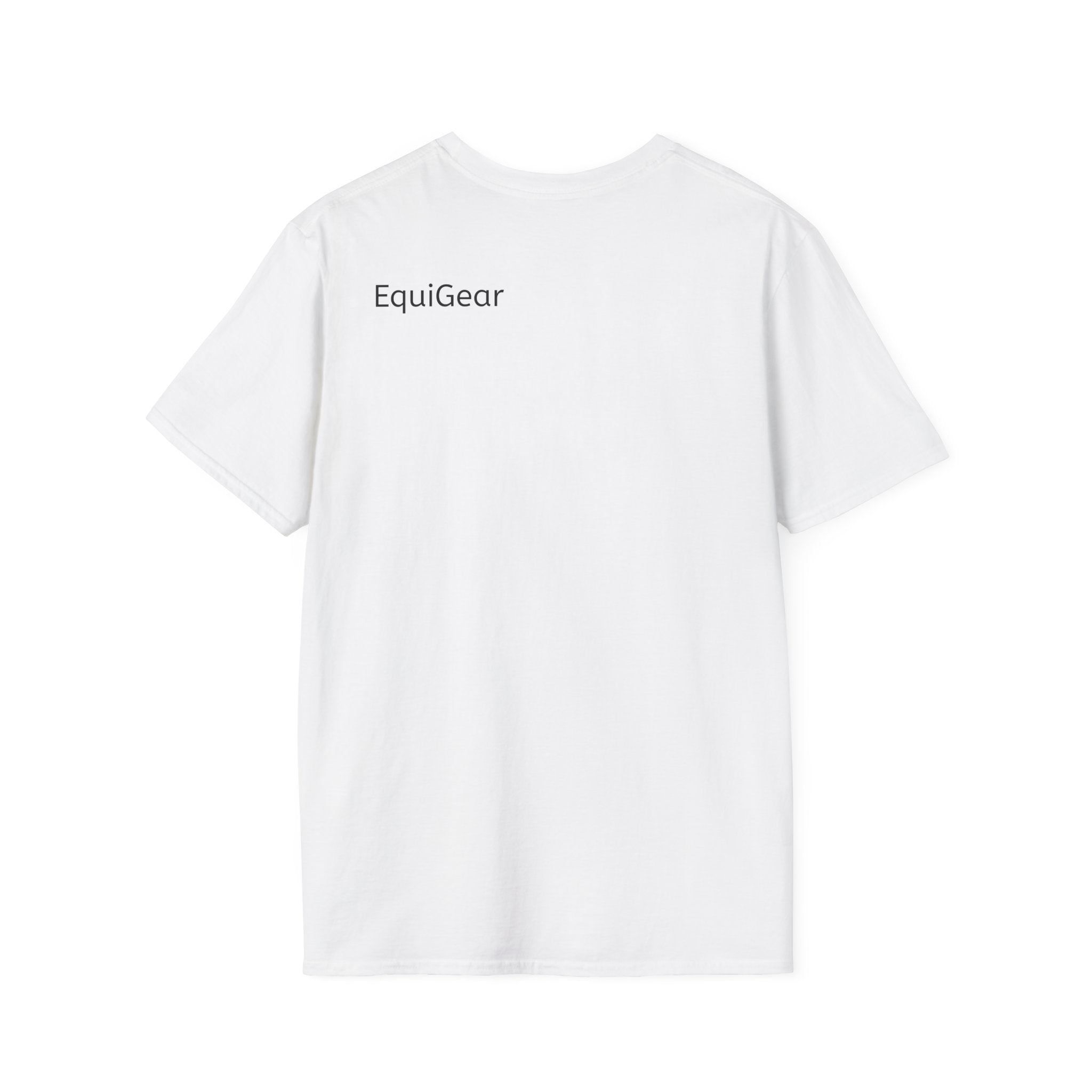 Back view of a white unisex softstyle t-shirt featuring EquiGear branding.