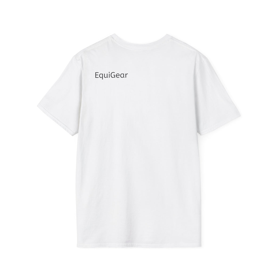 Back view of a white unisex softstyle t-shirt featuring EquiGear branding.