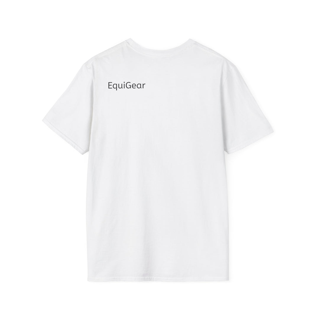 Back view of a white unisex softstyle t-shirt featuring EquiGear branding.